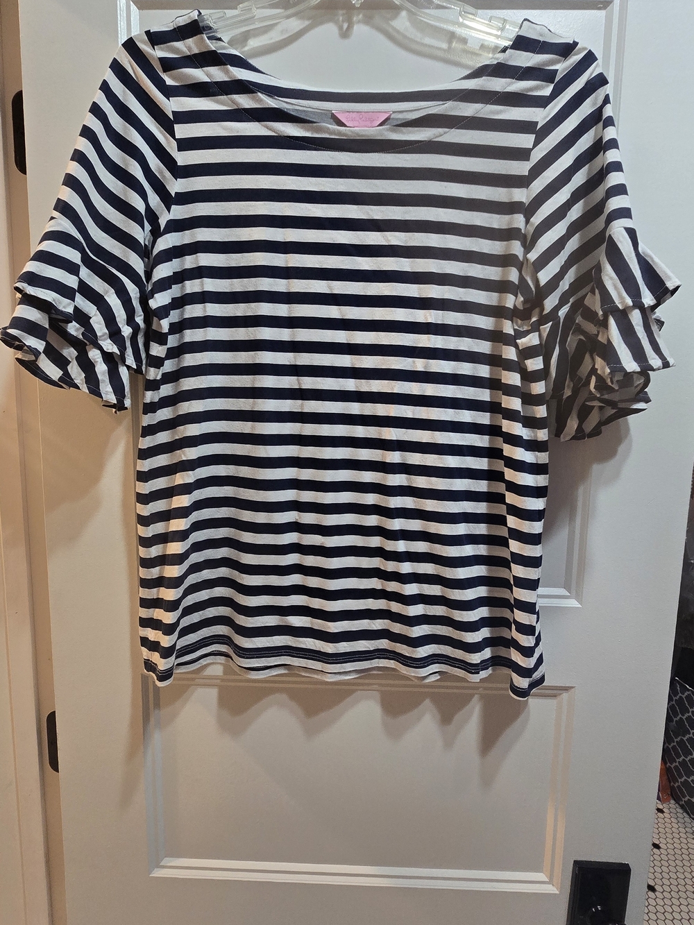 Lilly Pulitzer Navy & White Striped Ruffle Sleeve Top size L